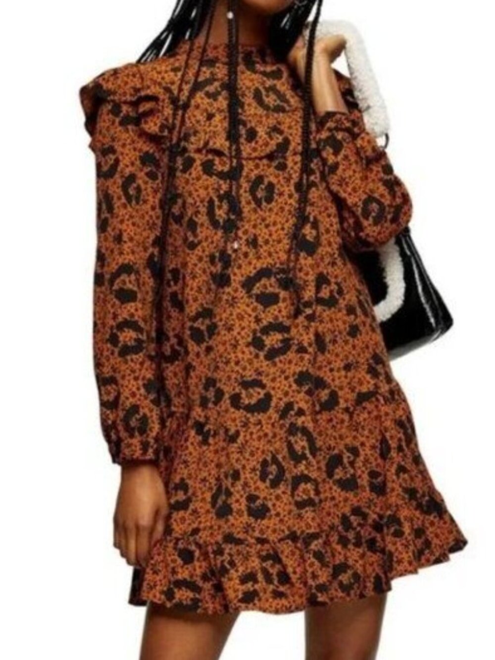 Topshop Orange & Black Floral High Neck Dress - 6